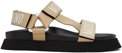 Shop Moschino Beige & Black Logo Tape Platform Sandals In 105 * Sabbia/pomice