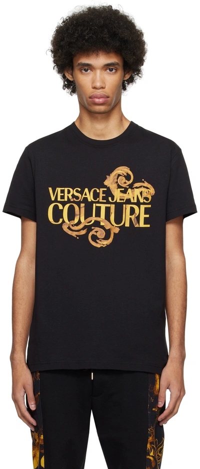 Shop Versace Jeans Couture Black Watercolor Couture T-shirt In Eg89 Black/gold