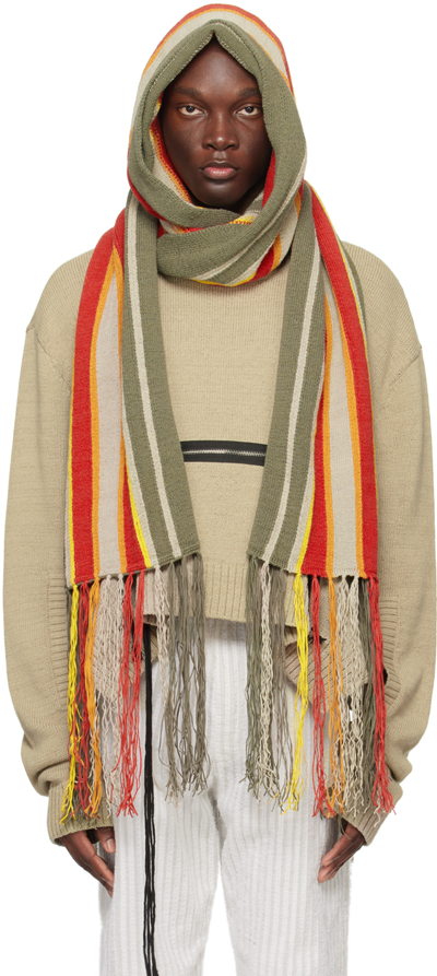 Shop Craig Green Gray & Red Stripe Hooded Scarf In Olive Multi-stripe