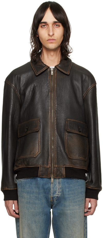 Shop Golden Goose Brown Aviator Leather Jacket In 55381 Dark Brown