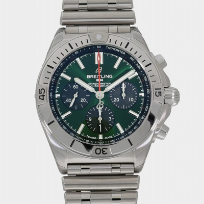 Pre-owned Breitling Green Stainless Steel Chronomat Ab0134101l1a1 Automatic Chronograph Men's Wristwatch 42 Mm