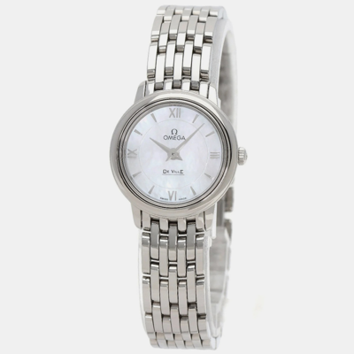 Pre-owned Omega White Shell Stainless Steel De Ville Prestige 424.10.24.60.05.001 Quartz Women's Wristwatch 24 Mm