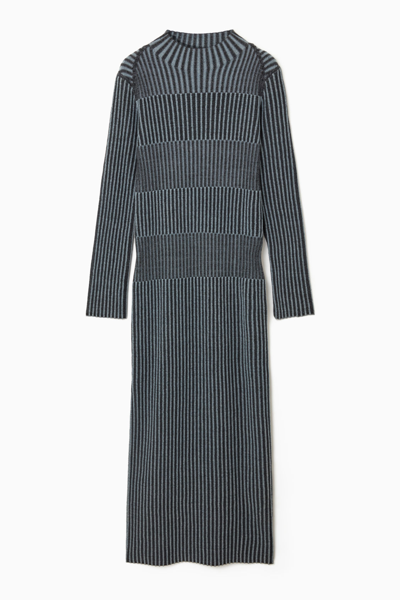 Shop Cos Striped Ribbed-knit Midi Dress In Blue