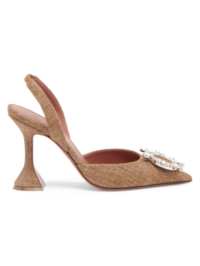 Shop Amina Muaddi Women's Begum 95mm Canvas & Crystal-adorned Slingback Pumps In Brown