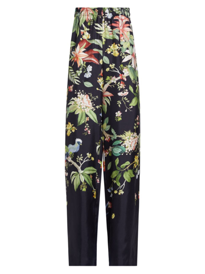 Shop Oscar De La Renta Women's Floral & Fauna Silk Pants In Navy