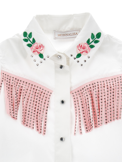 Shop Monnalisa Embroidered And Fringed Cotton Shirt In White + Rosa Fairytale