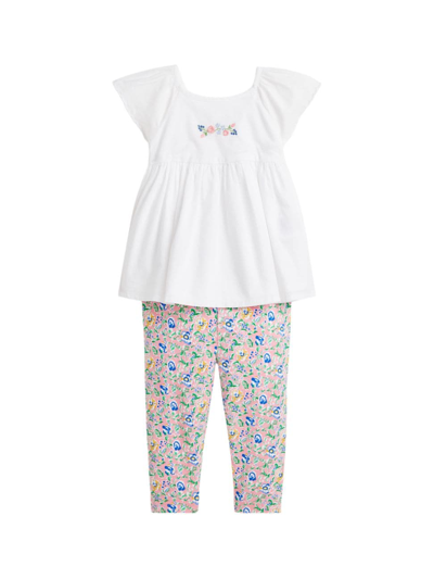Shop Polo Ralph Lauren Baby Girl's Batiste Top & Floral Leggings Set In Dot Bud Print