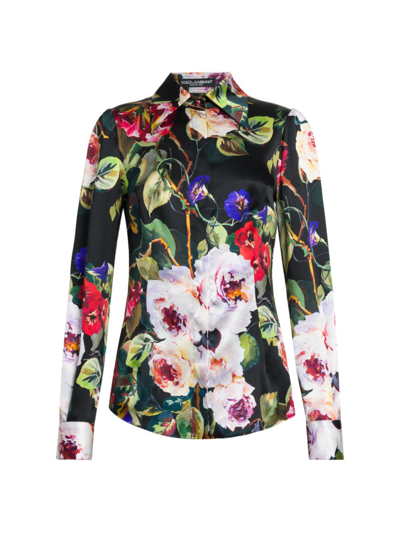 Shop Dolce & Gabbana Women's Floral Silk-blend Shirt In Roseto Nero