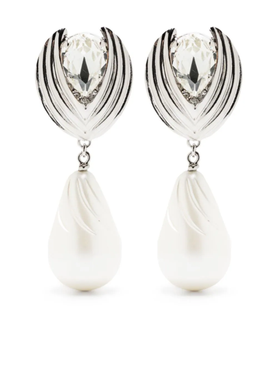Shop Alessandra Rich Clip Earrings In Silver Metal With Crystals And Pearls In Metallic