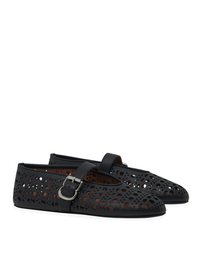 Alaïa Buckle Perforated Round Toe Ballerina Shoes In Black