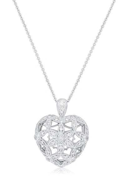 Diana M. 18kt White Gold Heart Shaped Pendant With Flower Design Featuring 1.20 Cts Of Diamonds In White