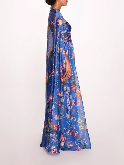 Shop Marchesa Ribbons Cape Gown In Blue