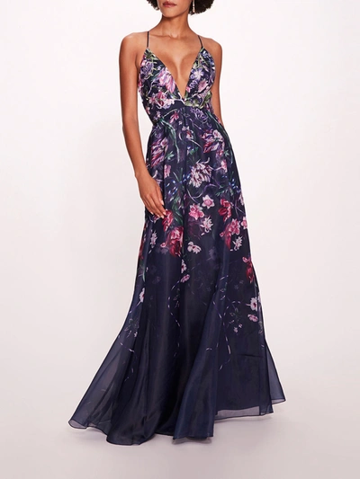 Shop Marchesa Ribbons Gown In Navy Multi