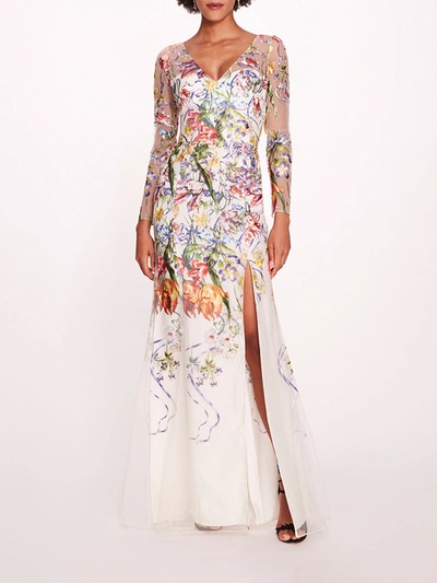 Shop Marchesa Ribbons Long Sleeve Gown In Ivory Multi