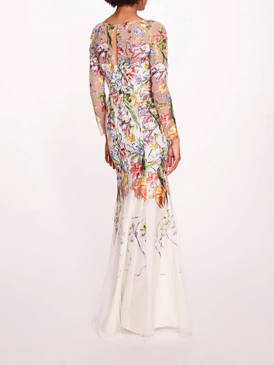 Shop Marchesa Ribbons Long Sleeve Gown In Ivory Multi