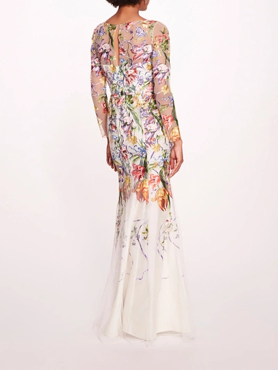 Marchesa Ribbons Long Sleeve Gown In Ivory Multi