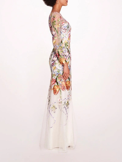 Shop Marchesa Ribbons Long Sleeve Gown In Ivory Multi