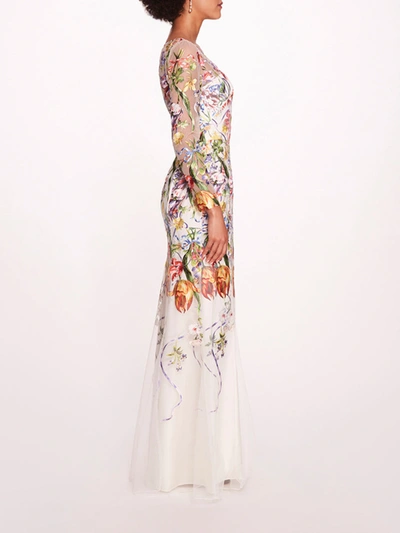 Marchesa Ribbons Long Sleeve Gown In Ivory Multi