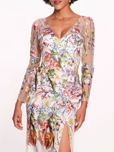 Marchesa Ribbons Long Sleeve Gown In Ivory Multi