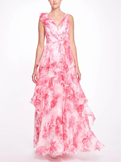 Shop Marchesa Sleeveless V-neck Tiered Chiffon Gown In Carnation