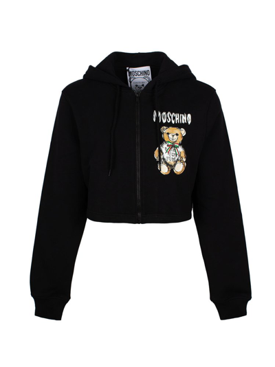 Shop Moschino Logo Printed Cropped Hoodie In Black