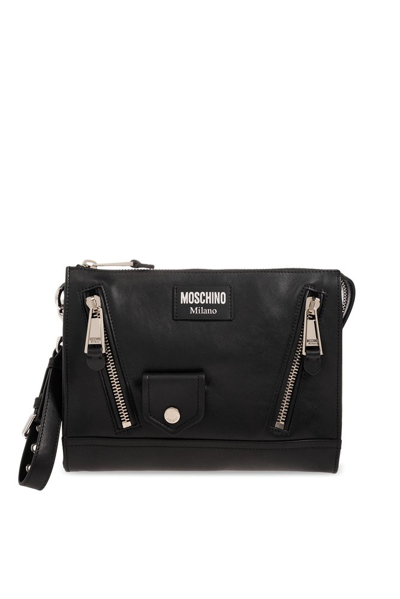 Shop Moschino Zip Detailed Clutch Bag In Black