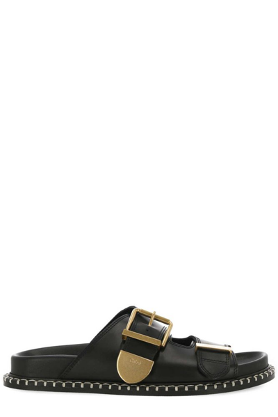 Shop Chloé Logo Engraved Buckled Sandals In Black