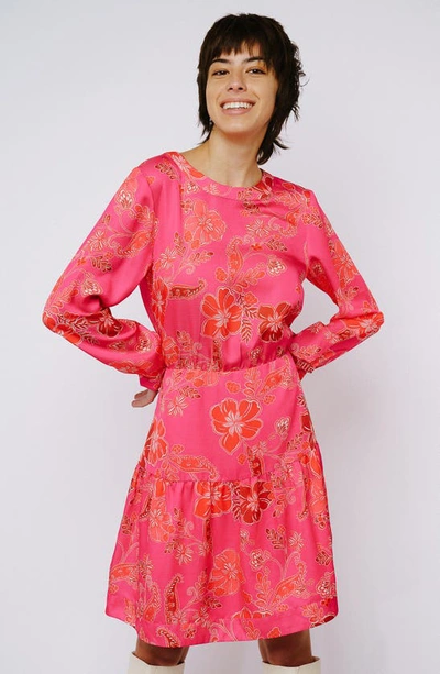 Shop Ciebon Floral Long Sleeve Back Cutout Fit & Flare Dress In Pink Multi