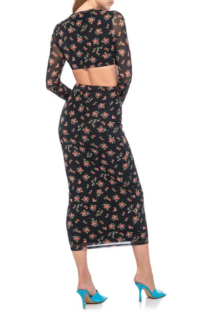 Shop Afrm Janet Floral Cutout Long Sleeve Mesh Midi Dress In Noir Rose Garden