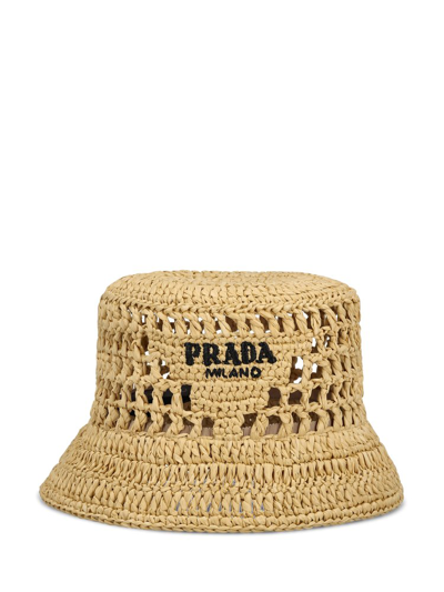 Shop Prada Logo Detailed Interwoven Bucket Hat In Beige