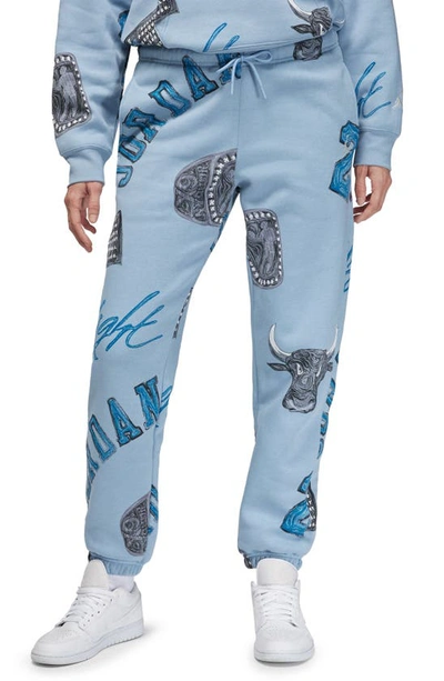 Shop Jordan Brooklyn Print Fleece Sweatpants In Blue Grey/ Sail
