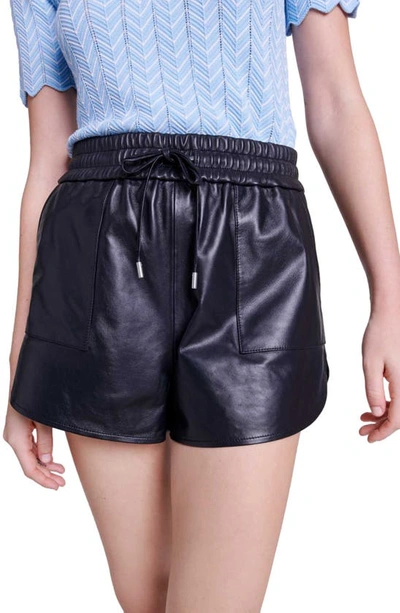 Shop Maje Ibox Drawstring Leather Shorts In Black