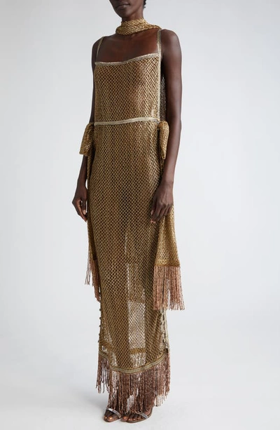 Shop Bode Beaded Fringe Sheer Lamé Lace Maxi Dress In Gold