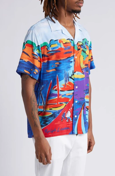 Shop Polo Ralph Lauren Classic Fit Watercolor Print Short Sleeve Button-up Shirt In 6241 Vista Sail