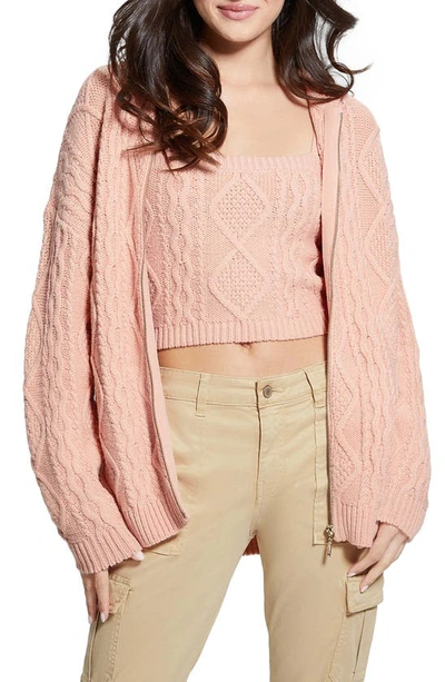 Shop Guess Chiba Hooded Cable Cardigan In Pink