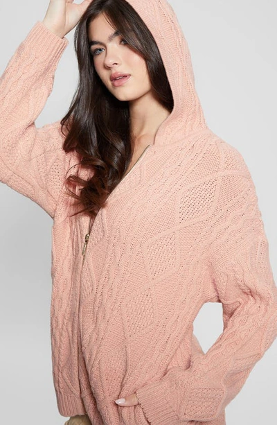 Shop Guess Chiba Hooded Cable Cardigan In Pink