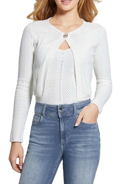 Shop Guess Cecilia Cotton Blend Pointelle Cardigan In White