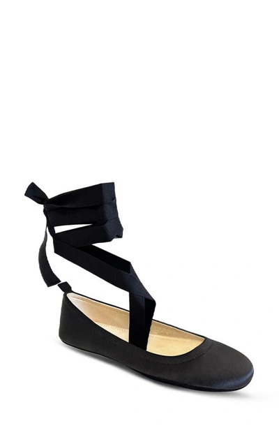 Shop Yosi Samra Simone Ankle Strap Foldable Flat In Black Satin