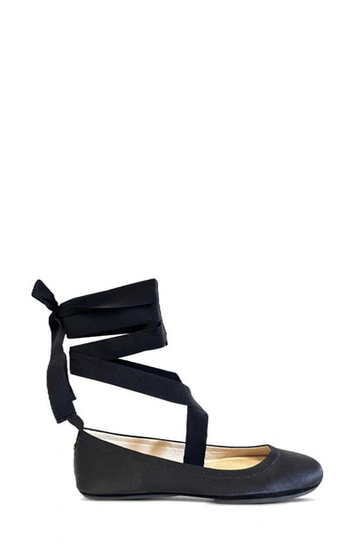 Shop Yosi Samra Simone Ankle Strap Foldable Flat In Black Satin