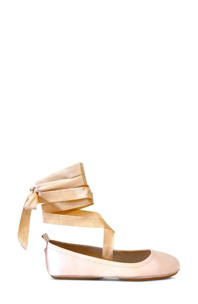 Shop Yosi Samra Simone Ankle Strap Foldable Flat In Champagne Satin