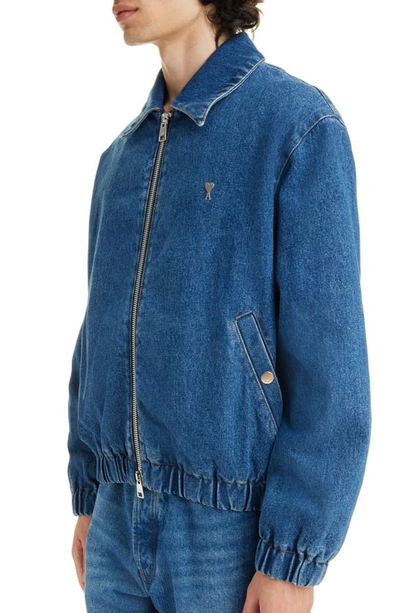 Shop Ami Alexandre Mattiussi Ami Paris Ami De Coeur Logo Plaque Zip Denim Jacket In Used Blue