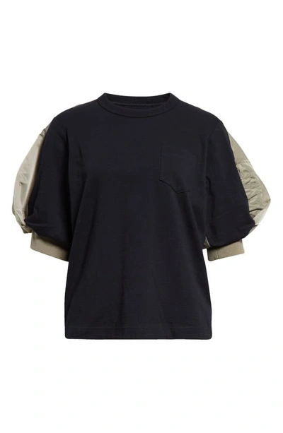 Shop Sacai Puff Sleeve Cotton Jersey & Nylon Twill Hybrid Top In Navy X L/ Khaki