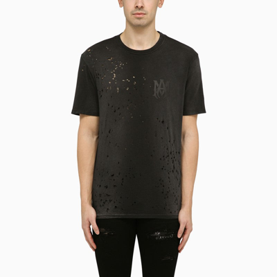 Shop Amiri Faded Black Crewneck T-shirt With Perforated Details Men