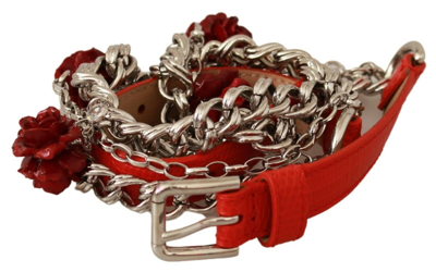 Pre-owned Dolce & Gabbana Belt Red Leather Roses Floral Silver Waist S. L / 90cm Rrp $1300