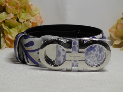 Pre-owned Ferragamo Salvatore  Black Multi Reversible Foliage Print Leather Belt Sz 100/39' In Black/white And Blue
