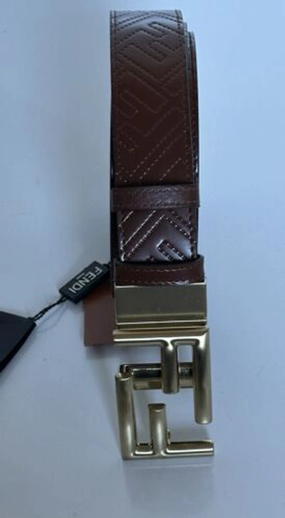Pre-owned Fendi $690  Ff Calf Leather Brown Reversible Belt One Size 7c0344 Italy