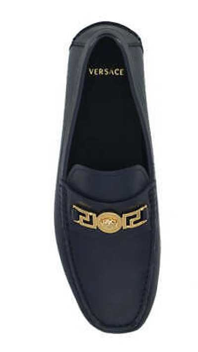 Pre-owned Versace Navy Blue Calf Leather Loafers Shoes In Refer To Description