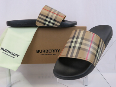 Pre-owned Burberry $395  Beige Vintage Check Logo Flip Flop Furley Rubber Sandal Slides In Black