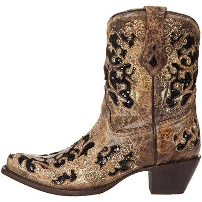 Pre-owned Corral Women's Brown Inlay And Embroidery And Studs And Crystals Ankle Boots