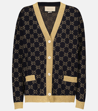 Shop Gucci Women Blue/gold Gg Supreme Lurex And Cotton Knit  Cardigan